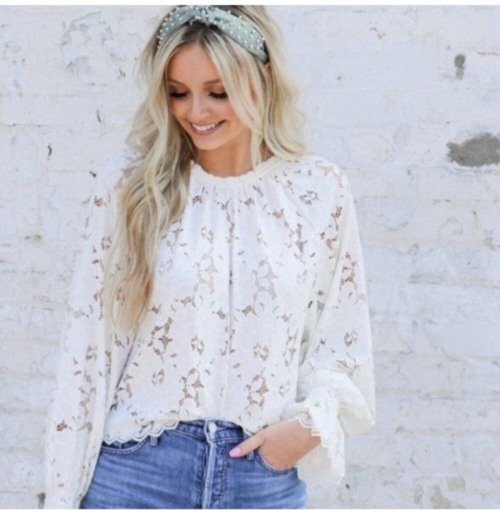 Free People Olivia Lace Tee Blouse Ivory White Floral Romantic Boho Festival M